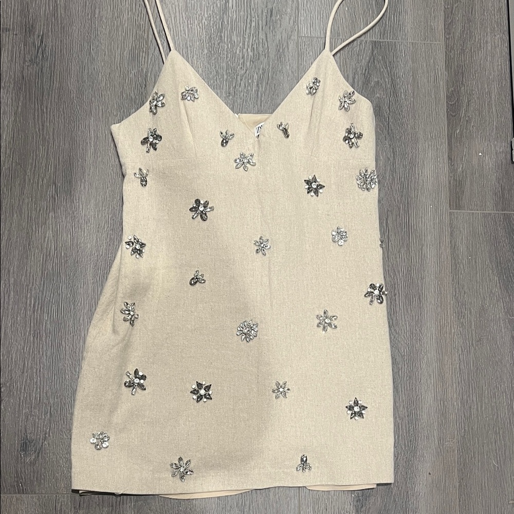 Zara Beige Mini Dress with Metallic Floral Details